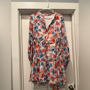 Floral Button-Front Midi Dress in Red & Blue